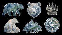 Watercolor bear illustrations set with walking grizzly, bear head portrait, paw print, sitting bear cub, mountain bear silhouette, and compass rose. Isolated on transparent background, ready for t-shirt design, clipart, stickers, and print-on-demand products.