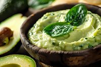 Fresh avocado dip with spinach leaves in wooden bowl, creamy guacamole texture close up, healthy fat appetizer for party or restaurant menu.