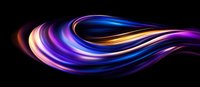 Vibrant multicolored flowing waves with neon blue, purple, and gold light trails create dynamic motion effect on black background, suitable for abstract design projects.
