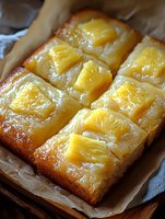 Fresh pineapple upside down cake squares with caramelized golden fruit topping on rustic baking paper, showcasing moist texture and glistening surface.