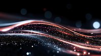 Abstract flowing light trails with sparkling particles and bokeh effects on dark background for digital design and technology concepts.