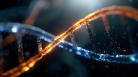 Glowing DNA strand with orange and blue illumination on dark background shows genetic research and biotechnology concept. Scientific molecular structure.