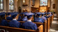 Graduation ceremony in church with students wearing blue caps and gowns sitting in wooden pews, stained glass windows creating sacred academic atmosphere.