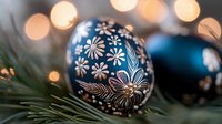 Festive navy blue Christmas ornament with white floral folk art design on pine branches, soft bokeh lights creating magical holiday atmosphere.