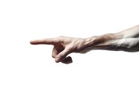 Male hand pointing finger on white isolated background, showing direction or accusation gesture with dramatic lighting and strong veins visible.
