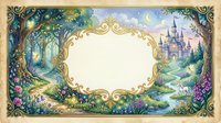Enchanted fairy tale landscape frame with magical forest, castle and ornate golden border for fantasy storytelling and children's book design projects.