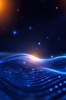 Abstract digital waves with glowing particles and light effects on dark background, featuring flowing blue lines and orange highlights creating dynamic motion.