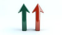 Two upward pointing arrows in green and red standing vertically on white background, isolated design element for business growth and comparison concepts.