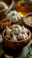 Fresh garlic bulbs in wooden bowl with honey dipper and herbs in background, moody lighting creates rustic culinary atmosphere for cooking and food blogs.