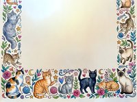 Whimsical cats and botanical elements frame a blank cream background, perfect for greeting cards, invitations, posters, and stationery design projects.