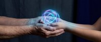Two hands reaching toward each other with glowing digital eye symbol sphere between them representing connection, trust, surveillance technology and human interaction.