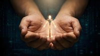 Cupped hands protecting glowing human figure with digital matrix background symbolizing care, protection, support, and technological innovation in business.