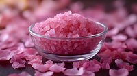 Pink Himalayan salt crystals in glass bowl surrounded by rose petals on dark background, spa wellness concept for aromatherapy and natural skincare.