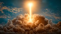 Dramatic sunbeam breaking through dark storm clouds in turquoise sky, creating ethereal golden light ray piercing through dramatic cloudscape at sunset.