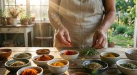 Woman in apron preparing spices and herbs in rustic kitchen with natural sunlight streaming through windows creating warm cooking atmosphere.