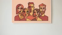 Diverse group of young adults in modern line art style with warm color palette for contemporary design projects and social media content.