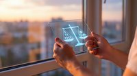 Hands holding transparent tablet displaying holographic financial charts and graphs against city skyline at sunset for business technology concepts.