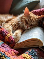 Adorable orange tabby kitten sleeping peacefully on open book surrounded by cozy knitted blankets creating warm reading atmosphere for relaxation content.