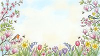 Watercolor spring floral border with birds, bees, tulips, daffodils, magnolia and cherry blossoms on soft sky background with copy space.