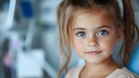 Young Caucasian girl with bright blue eyes and light brown hair in ponytail smiling gently at camera against soft blurred background. Natural daylight portrait.