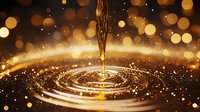 Liquid gold stream pouring into rippling surface creating concentric circles with magical sparkles and bokeh lights on dark background, luxury concept.