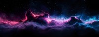 Vibrant cosmic panorama featuring pink and blue nebula clouds against dark space background, creating dramatic celestial landscape for astronomy and space designs.