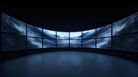 Curved multi-screen display setup showing stormy sky footage in dark control room or monitoring center environment for technology and surveillance concepts.
