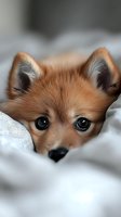 Adorable small brown puppy with pointed ears wrapped in soft white blanket looking directly at camera with big dark eyes for pet care and comfort concepts.