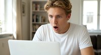 Young Caucasian man with blonde hair looking shocked at laptop screen while sitting at home office desk, expressing surprise and disbelief at computer content.