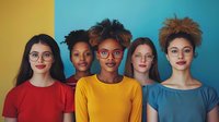 Diverse group of young women wearing colorful casual tops and stylish glasses standing together against blue and yellow background, representing unity and friendship.