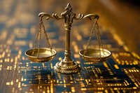 Decorative justice scales on circuit board background symbolizing legal technology and digital law transformation, with golden metallic finish and balanced pans.