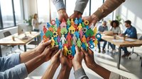 Diverse group of professionals joining colorful paper cutout figures in circle formation, symbolizing teamwork, unity, collaboration, and inclusive community building in modern office environment.