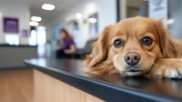 Adorable brown mixed breed dog with expressive eyes resting head on reception counter at veterinary clinic or pet grooming salon, blurred background with staff member.