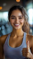 Young mixed race woman in athletic wear showing thumbs up with bright smile at fitness center. Bokeh background creates warm atmosphere.