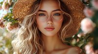 Young Caucasian woman with blonde wavy hair wearing straw hat and glasses poses in garden with blooming roses, natural summer beauty portrait in warm sunlight.