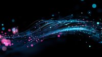 Glowing blue and pink particles flow in dynamic waves against dark background, creating ethereal light trails and bokeh effects for technology designs.