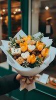 Unique bouquet combining fresh orange tulips with decorated cookies and chocolate treats wrapped in white paper, tied with brown ribbon against blurred cafe background.