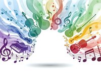 Colorful musical instruments and notes flowing in rainbow waves with treble clef symbols creating dynamic artistic composition for creative projects.