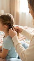 Mother braiding young daughter's blonde hair in cozy bedroom setting, tender family bonding moment with soft natural lighting for parenting content.