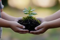 Hands protecting young green plant seedling growing in rich soil symbolizing environmental care, growth, and sustainability concepts for Earth Day campaigns.