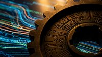 Ancient bronze gear mechanism with intricate engravings merging with flowing digital data streams and glowing circuit patterns in futuristic technology concept.