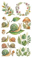 Botanical illustration collection featuring hand-drawn snails, mushrooms, flowers, and foliage elements isolated on white background. Perfect for clipart, design projects, and decorative applications.