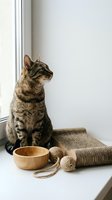 Tabby cat sitting by window with wooden bowl and rope toys on woven mat in bright minimalist home interior for pet care and feline lifestyle content.