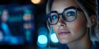 Young Caucasian businesswoman wearing glasses in dark office with blue bokeh lights background, looking up with confident expression and slight smile, side profile portrait.