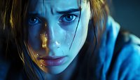 Young woman with intense blue eyes and wet face illuminated by dramatic neon lighting, creating mysterious atmospheric portrait with golden highlights and deep shadows.