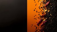 Aromatic cinnamon sticks and scattered black tea leaves creating dynamic composition against vibrant orange background with dramatic lighting and shadows.
