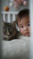 Adorable Asian baby and tabby cat lying together on soft white blanket in nursery room. Sweet friendship between infant and pet creating heartwarming family moment.