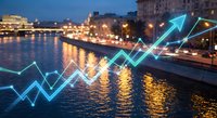 Glowing neon arrows and growth charts overlay urban waterfront at dusk with city lights reflecting on water surface for business analytics concepts.