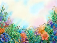 Watercolor floral border with vibrant blooms, green foliage, and ornamental swirls on soft pastel background. Isolated design element suitable for invitations, cards, and decorative projects.