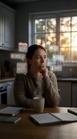 Young woman planning daily schedule with digital calendar notifications in cozy kitchen setting during golden hour for productivity and time management concepts.